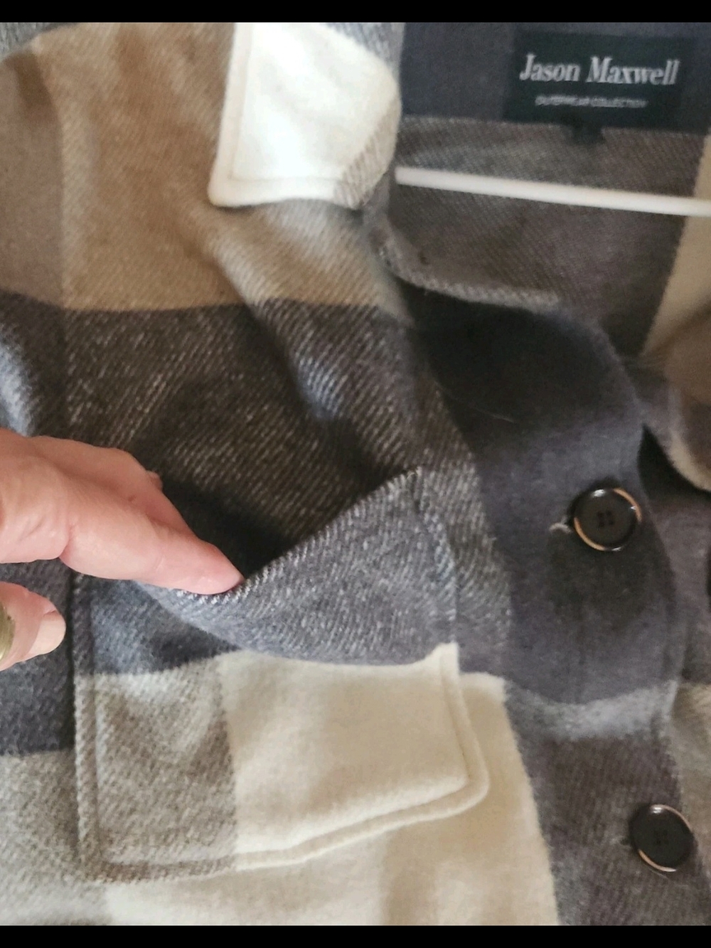 J49 Jason Maxwell Outerwear Collection- tan gray & cream plaid jacket w fringe - Picture 5 of 9